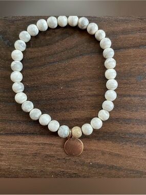 Beaded White Marble Stone Bracelet with Gold Charm